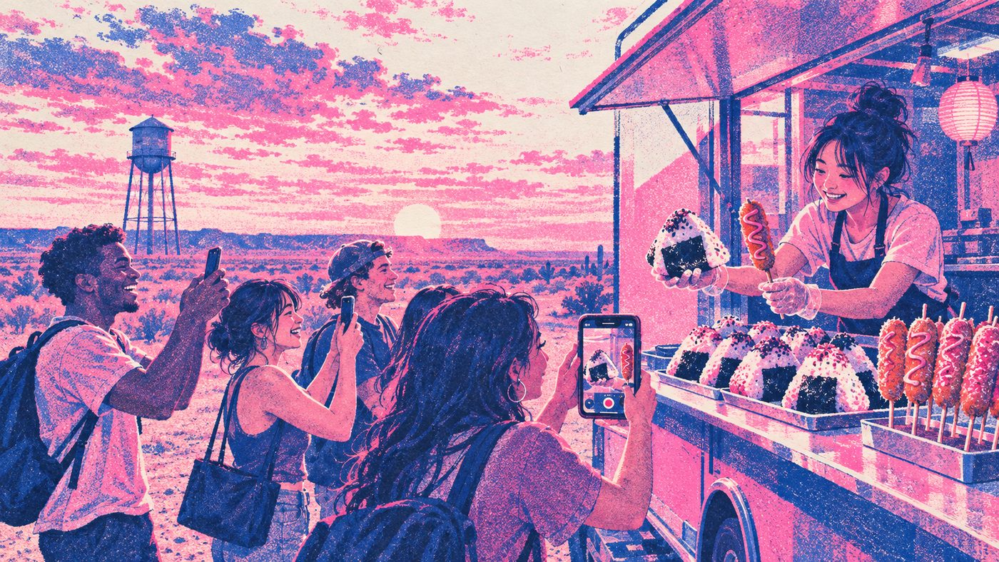 Risograph illustration of a Japanese street-food truck in West Texas with students photographing giant onigiri.