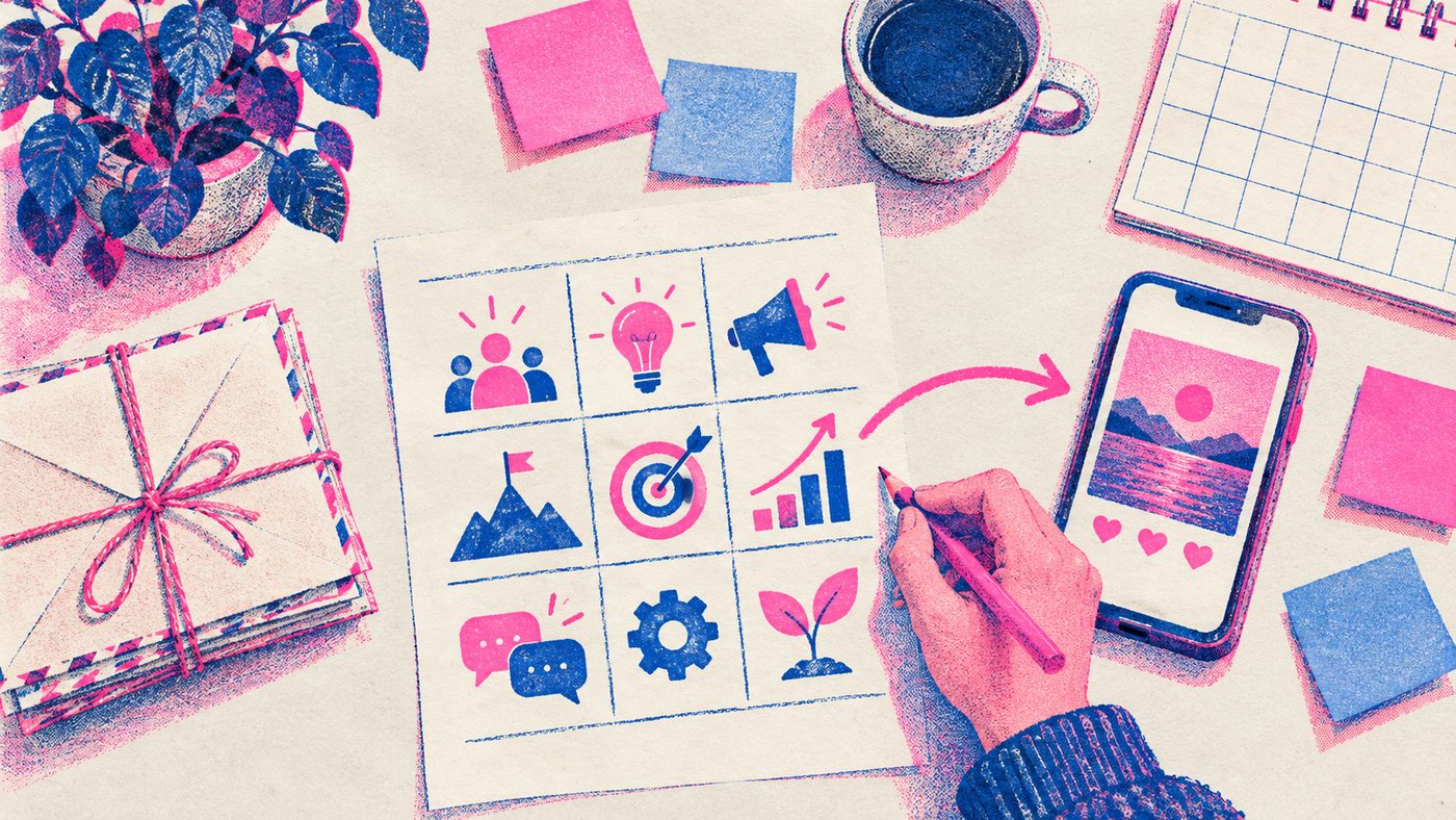 Risograph illustration of a desk with a one-page marketing plan, a calendar, envelopes and a phone showing a social post.