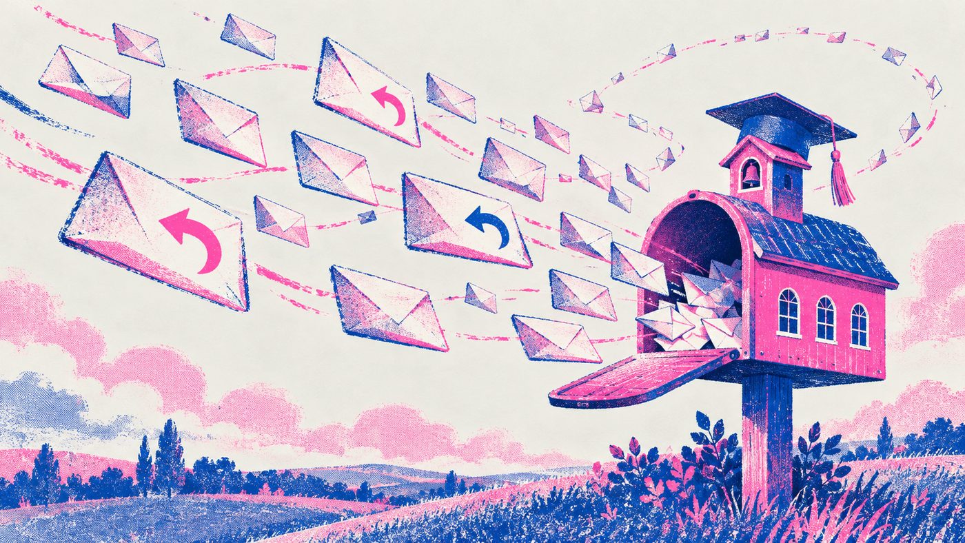 Risograph illustration of envelopes flying back toward a schoolhouse-shaped mailbox.