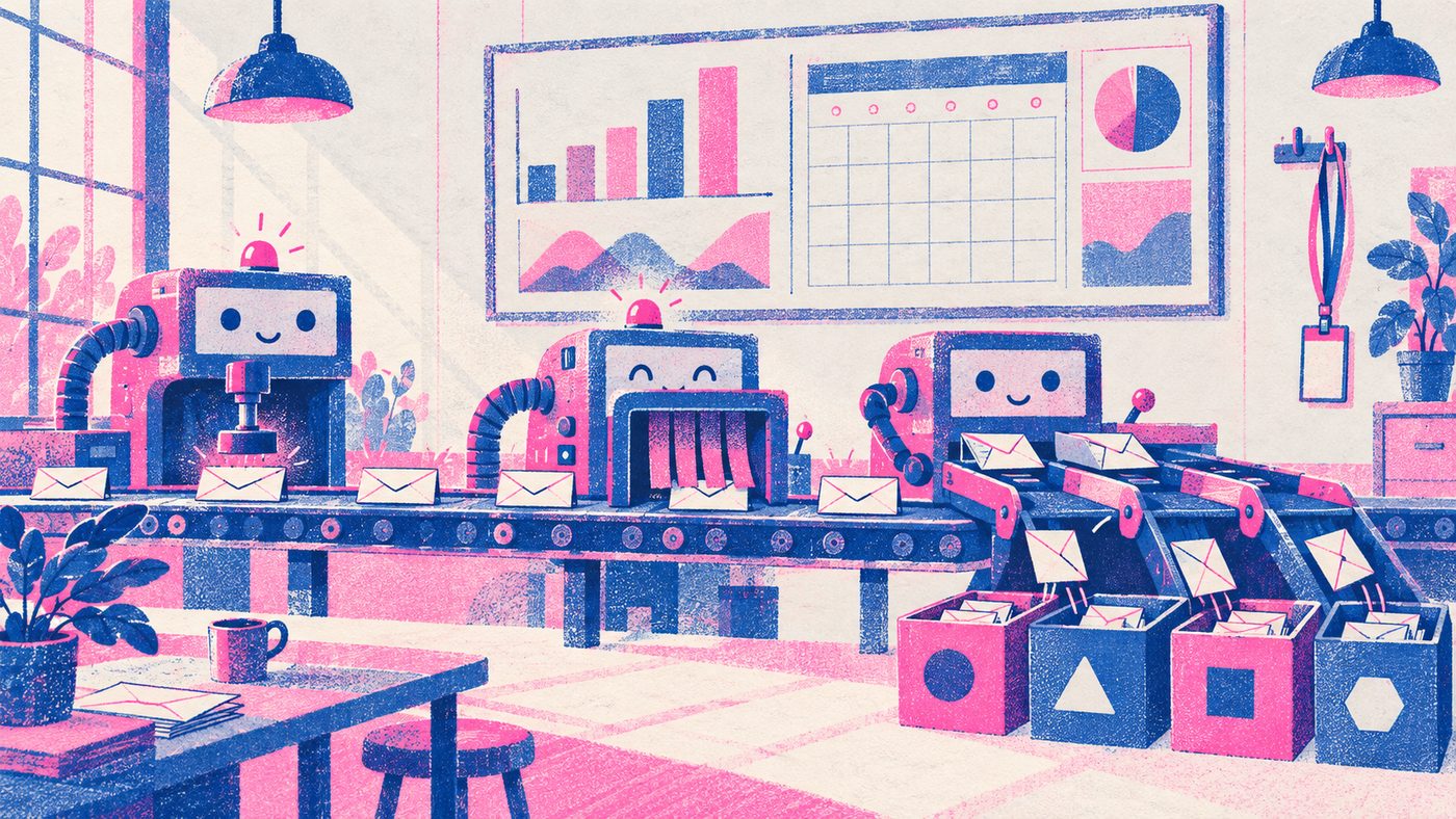 Risograph illustration of a small email factory with a conveyor belt of envelopes and a wall dashboard of bar charts.