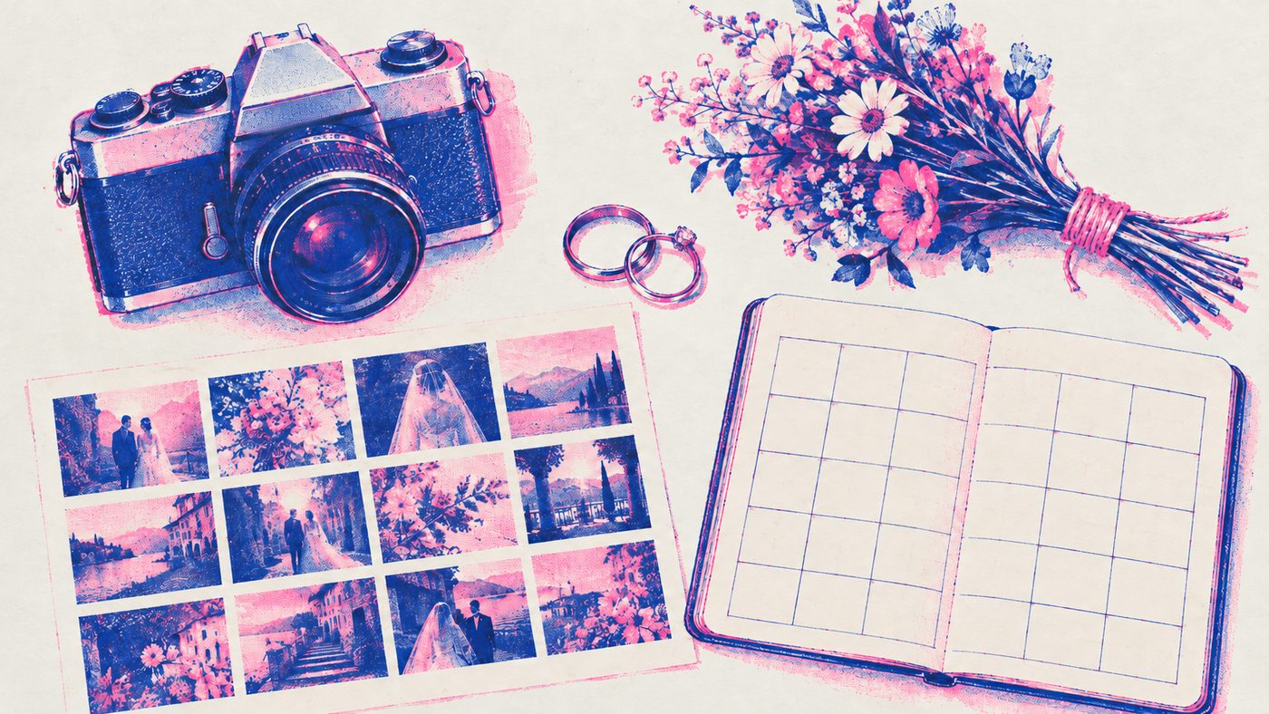 Risograph illustration of a film camera, wildflower bouquet, rings and a notebook with a content calendar.